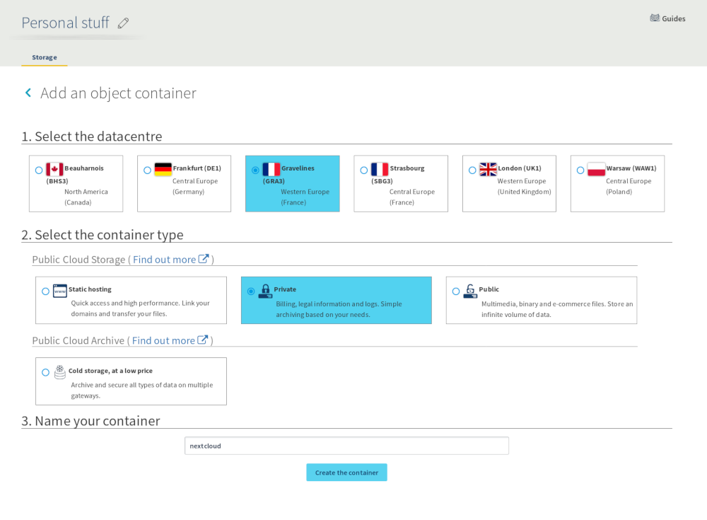 Container creation interface